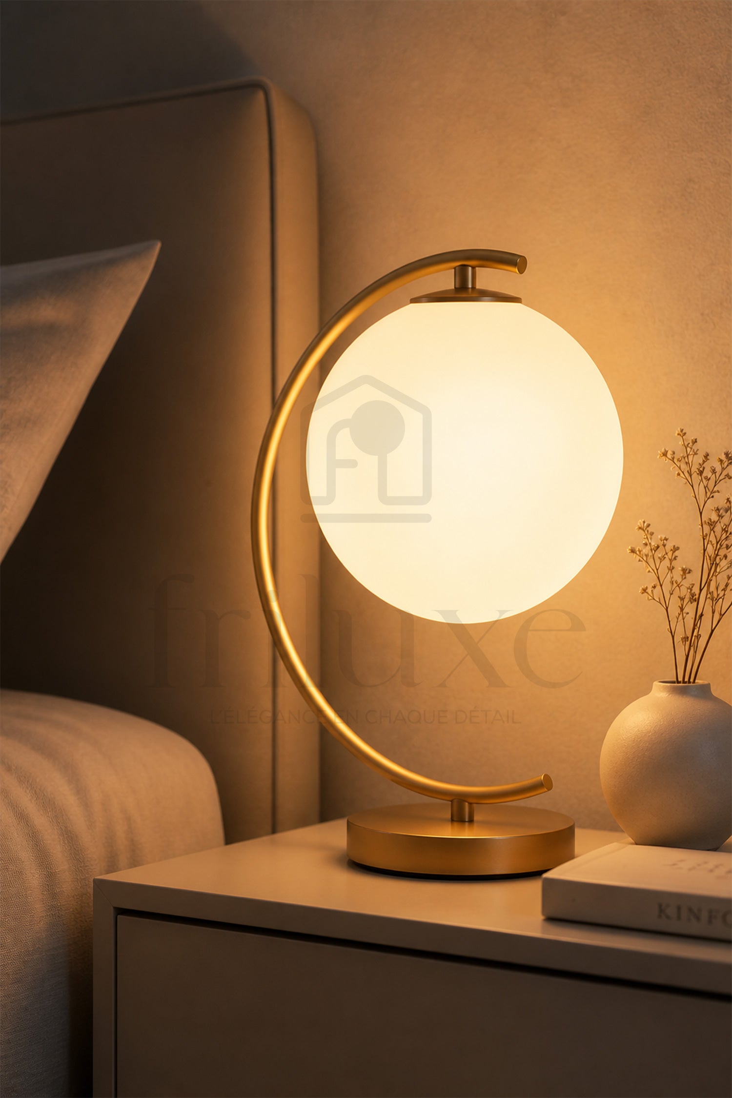 Lampe à Poser Arche Dorée & Globe Opalin – Élégance Minimaliste Intemporelle