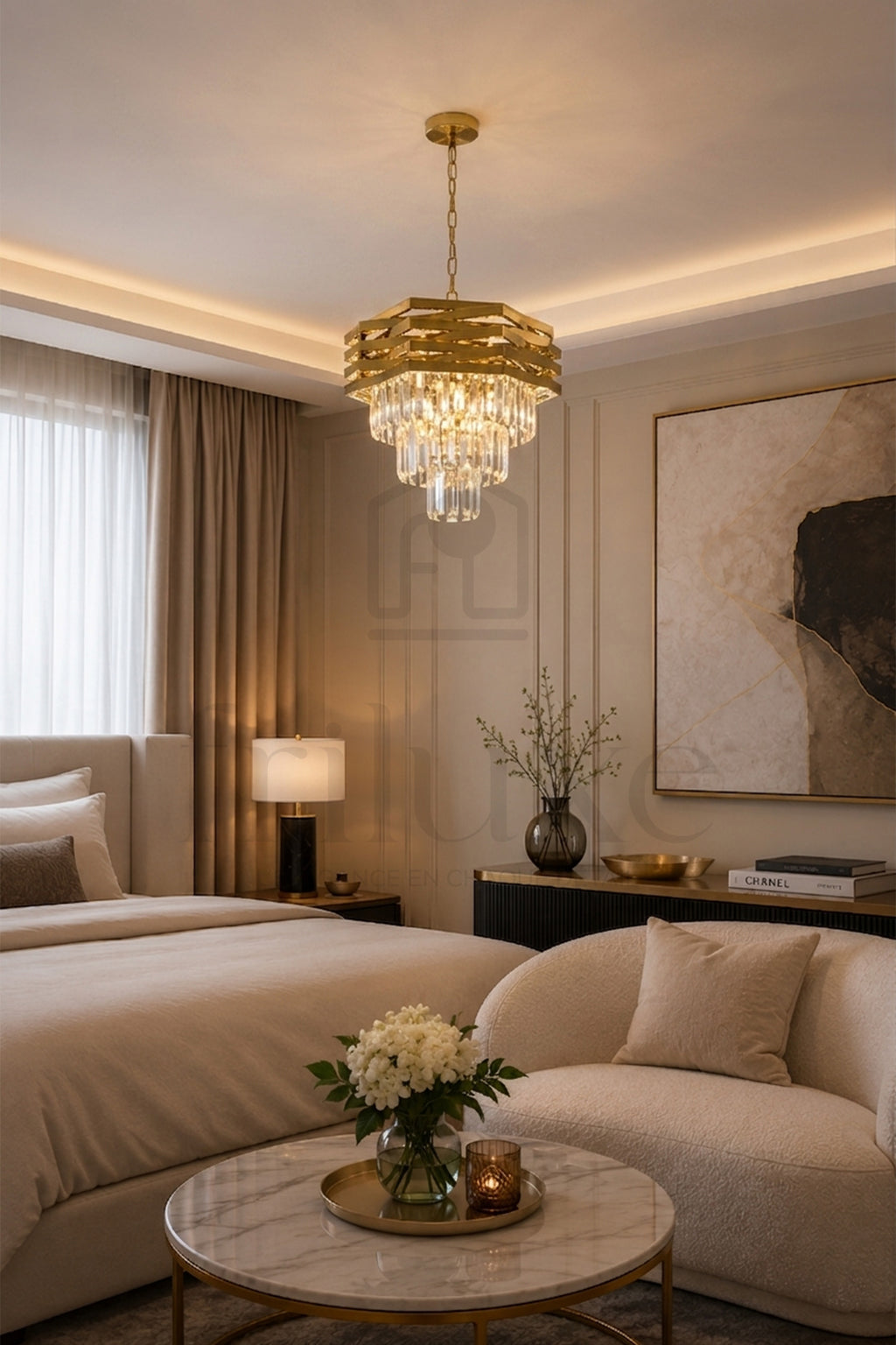 Lustre Cristal Doré HEXALUX Brillant & Cristaux Gouttes Luxe Moderne