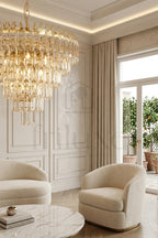 Lustre Cristal Doré à Étages – Signature Lumineuse & Élégance Architecturale