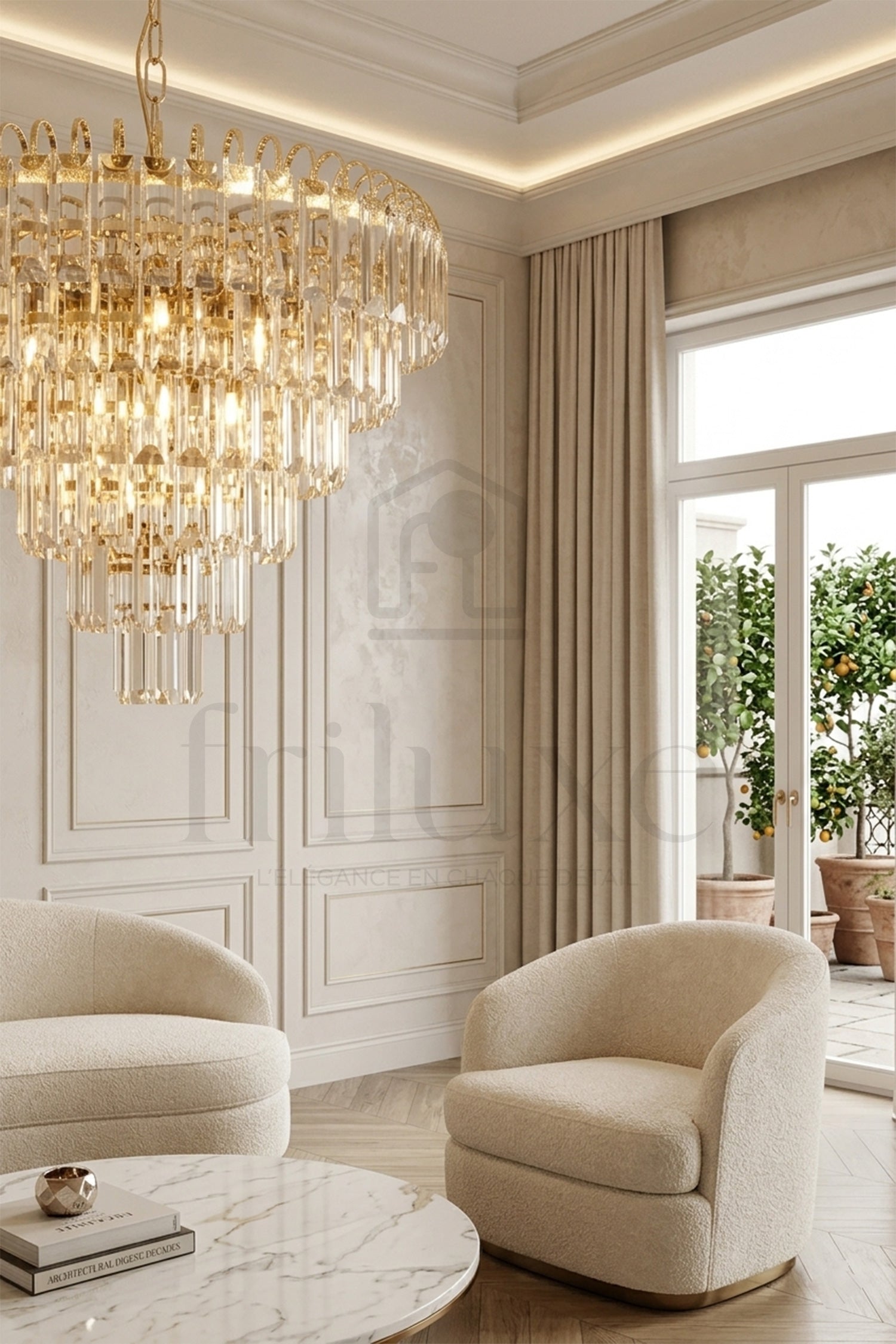 Lustre Cristal Doré à Étages – Signature Lumineuse & Élégance Architecturale