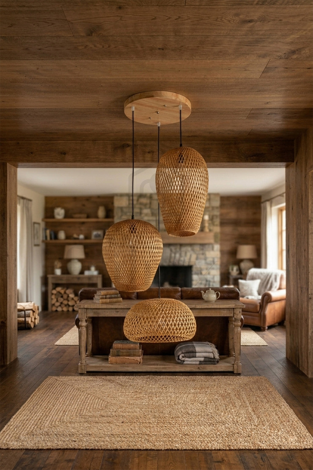 Suspension 3 Lampes Bambou Tressé – Luminaire Naturel Bohème Scandinave