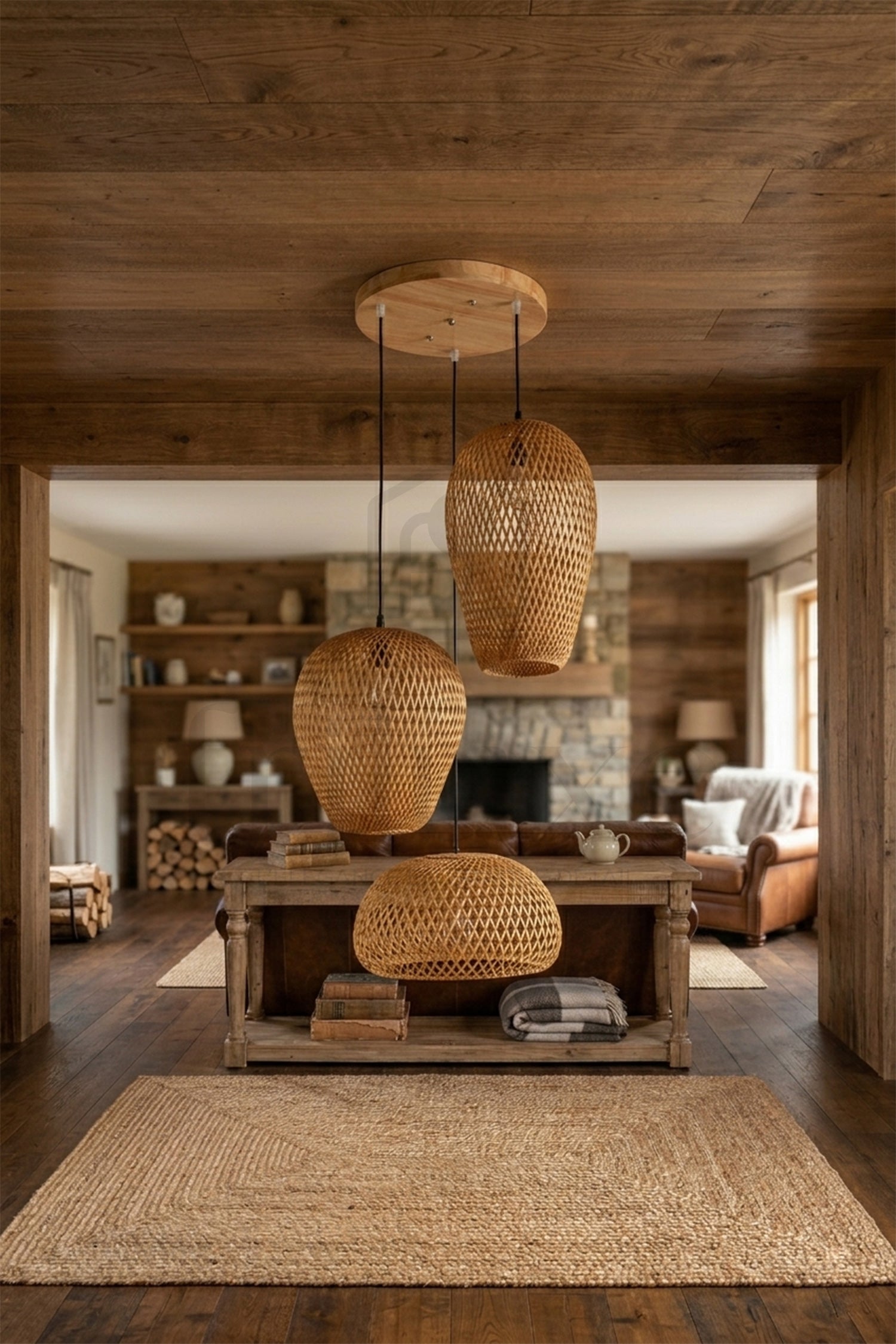 Suspension 3 Lampes Bambou Tressé – Luminaire Naturel Bohème Scandinave