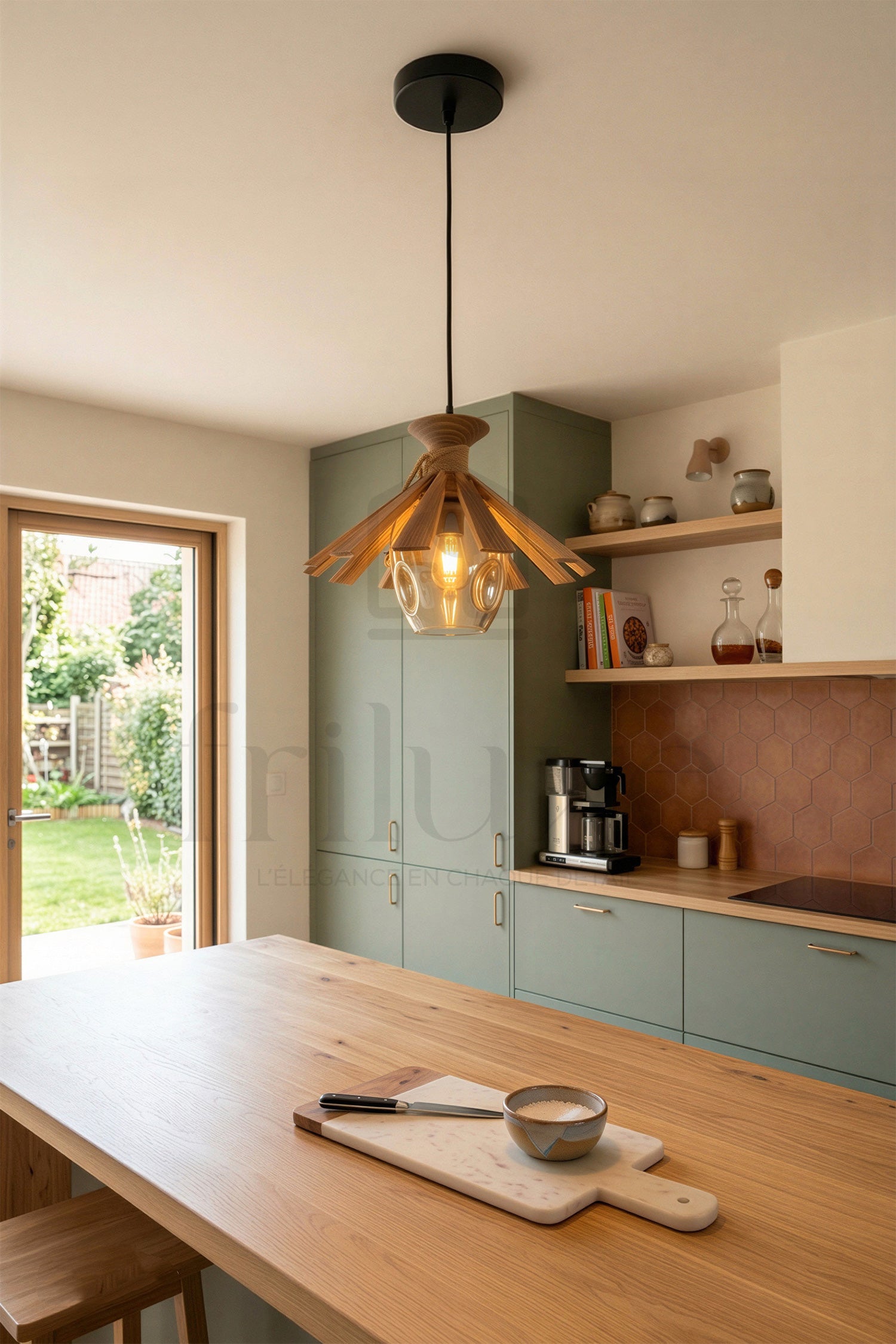 Suspension Bois Design Naturel – Globe Verre – Luminaire Pendant Minimaliste
