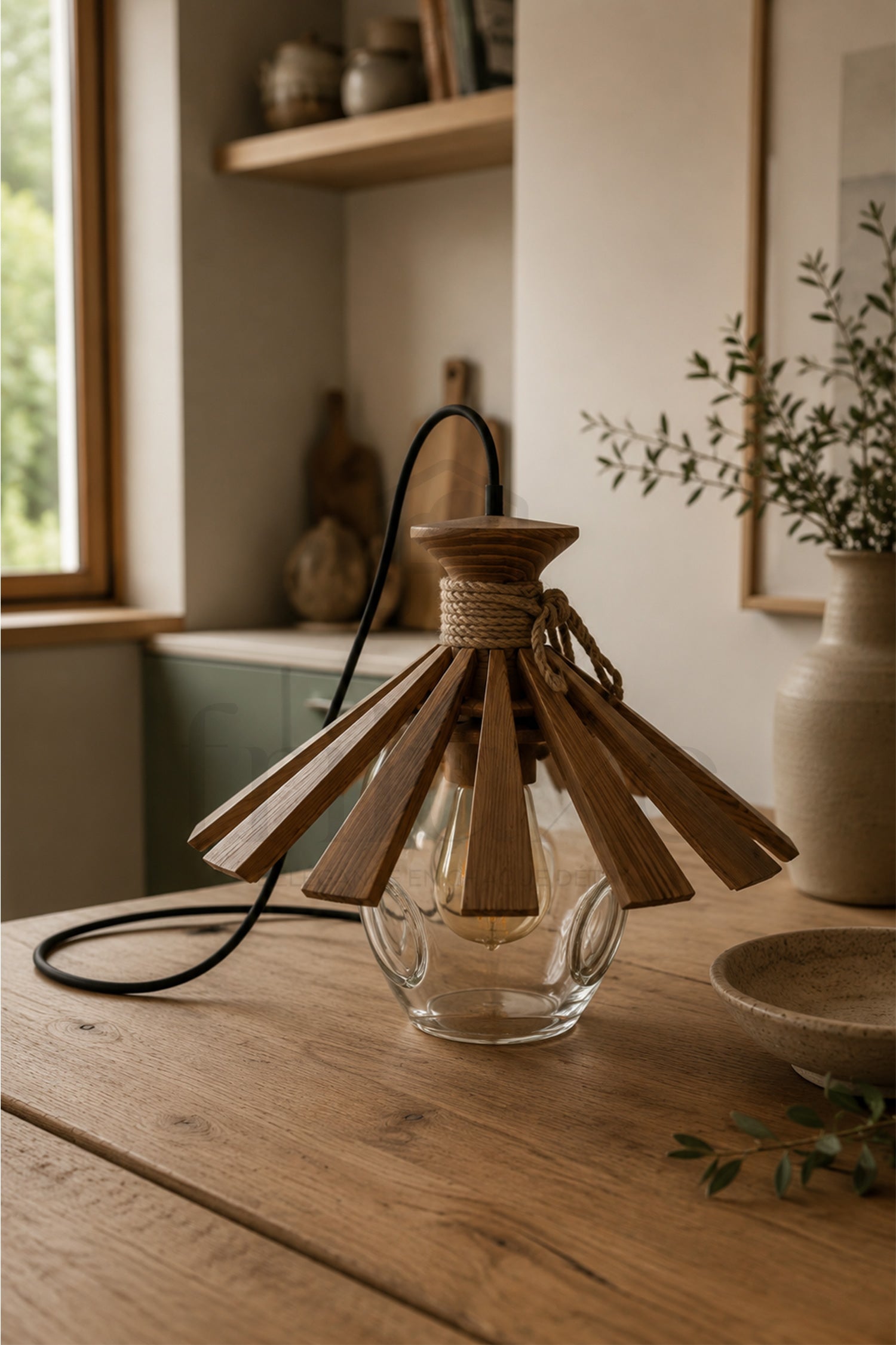 Suspension Bois Design Naturel – Globe Verre – Luminaire Pendant Minimaliste