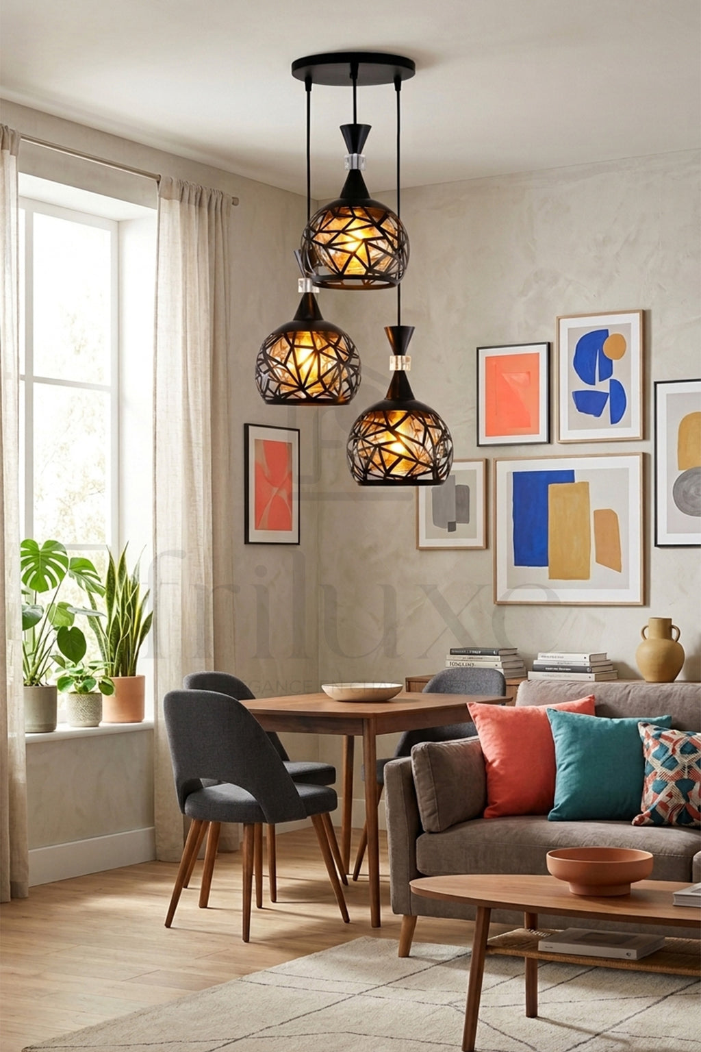 Suspension Orientale AHRAM Rond 3 Lampes géométrique – Lustre Moderne Luxe en Métal