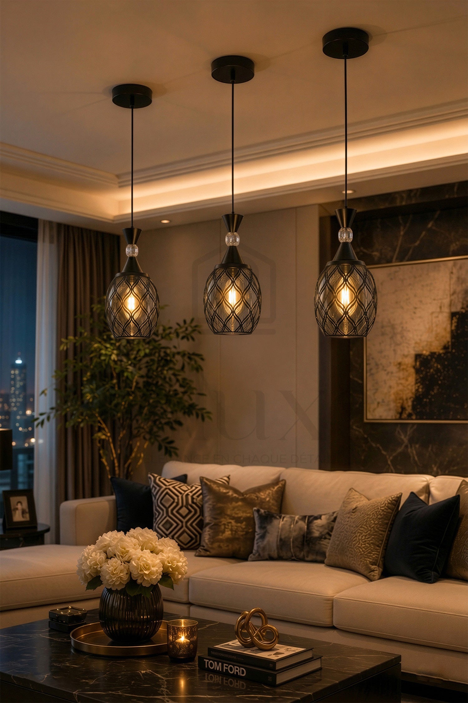 Suspension Orientale AHRAM Long 3 Lampes géométrique – Lustre Moderne Luxe en Métal