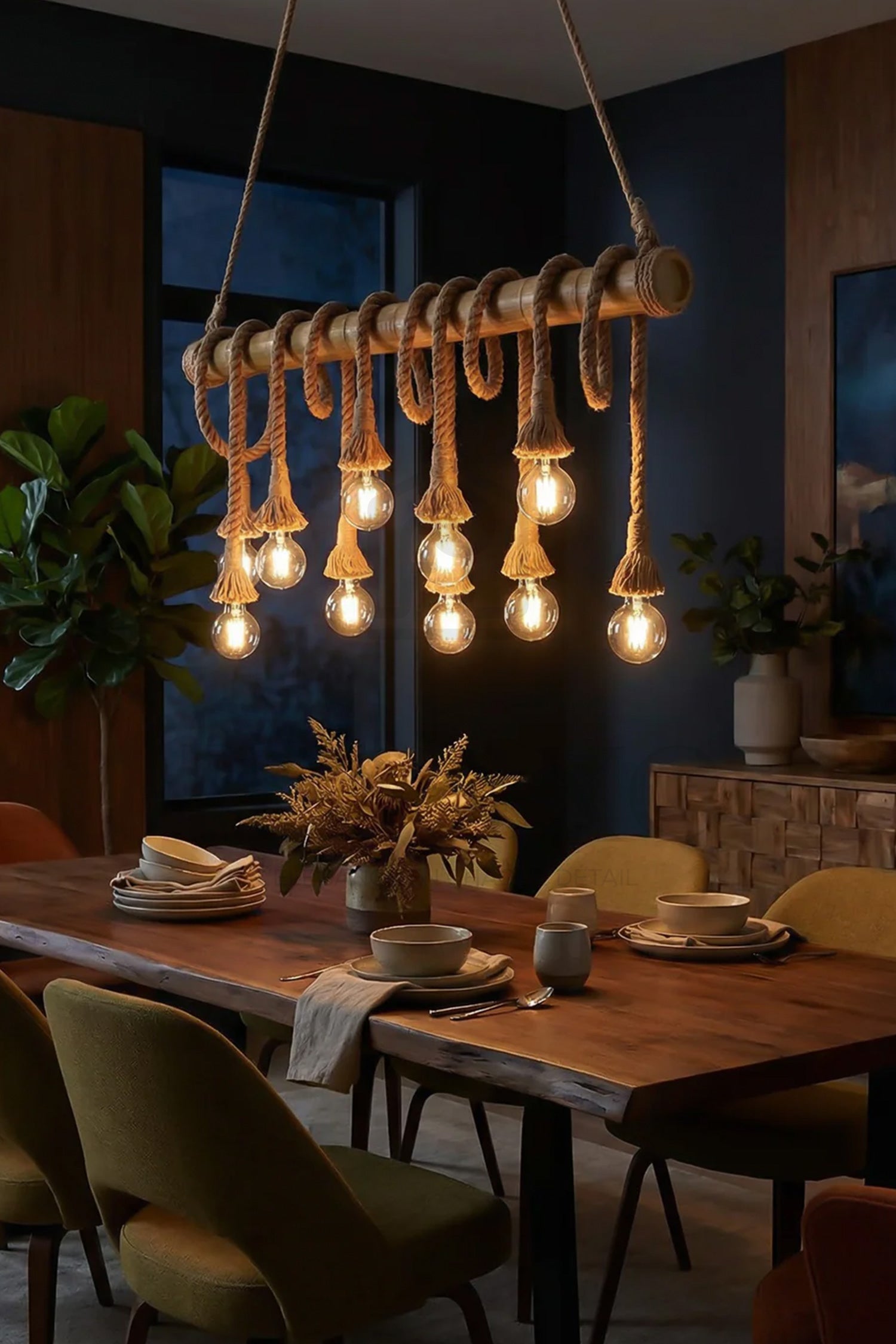Suspension Vintage 6 Lampes en Corde Chanvre & Bambou