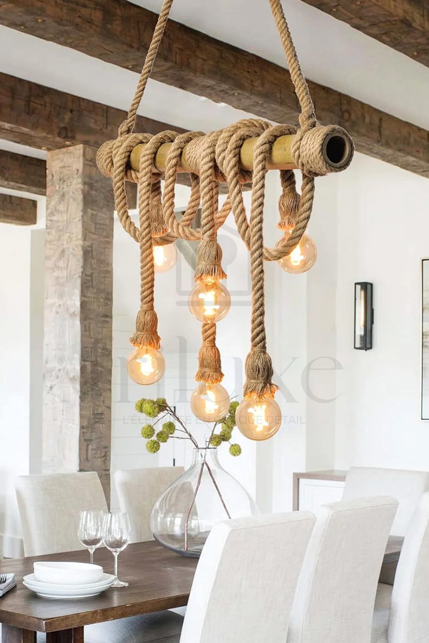 Suspension Vintage 6 Lampes en Corde Chanvre & Bambou