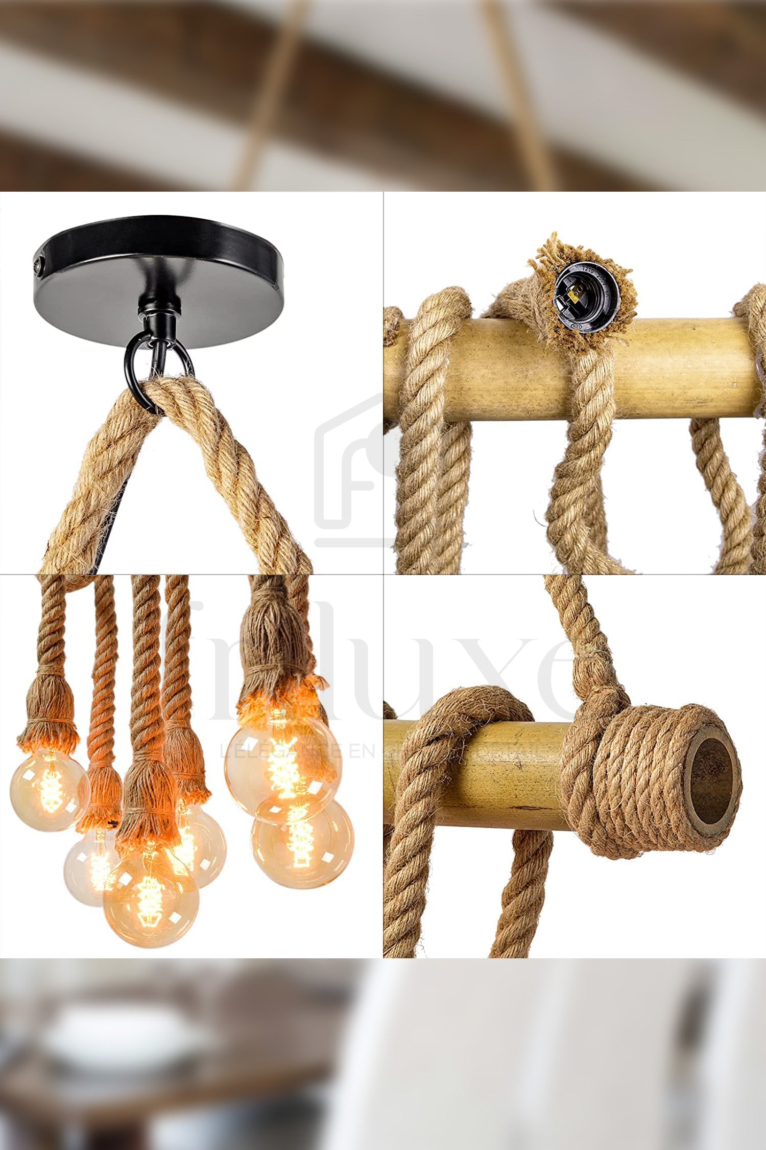 Suspension Vintage 6 Lampes en Corde Chanvre & Bambou